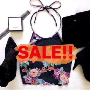 Self-Tie Black Floral Halter Crop Top